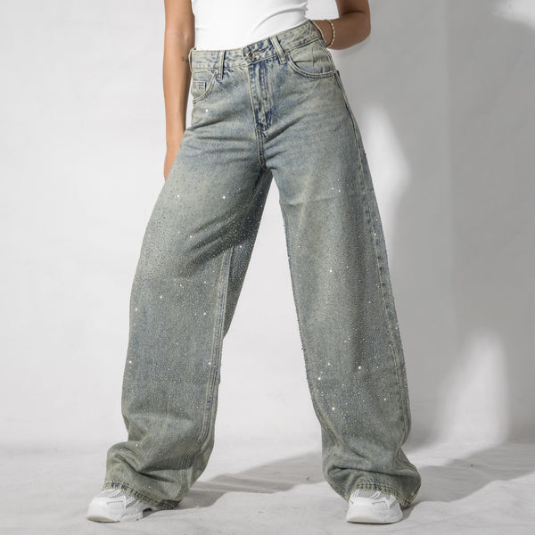 25A2073 - Jeans A Palazzo Con Strass