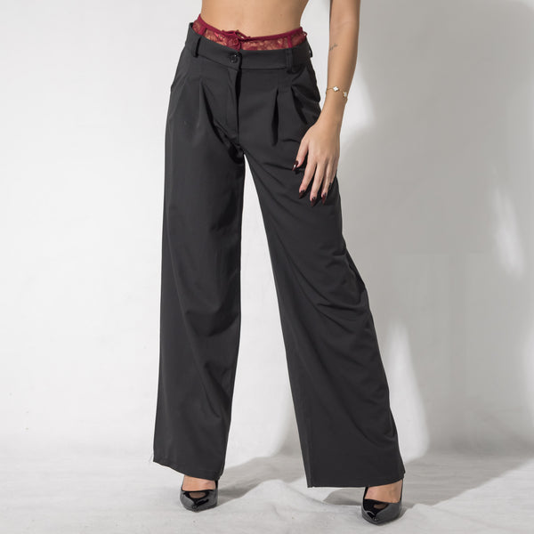 P20312V - Pantalone Palazzo Con Inserto In Pizzo